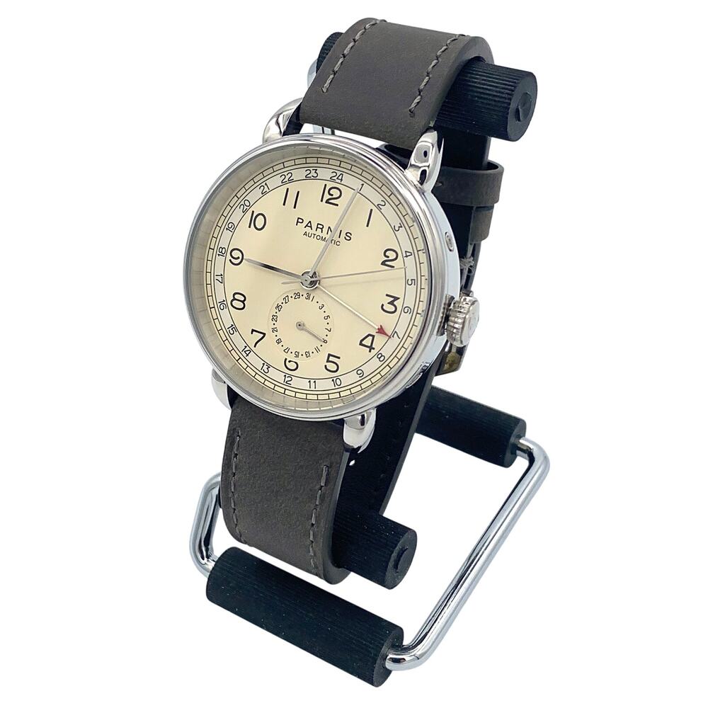 Parnis PA6028 Automatic Watch Men 43mm Cream Dial Pointer Date Leather Classic